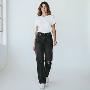 Abercrombie & Fitch The Dad High Rise Straight Leg Jeans Black Torn Ripped Knee